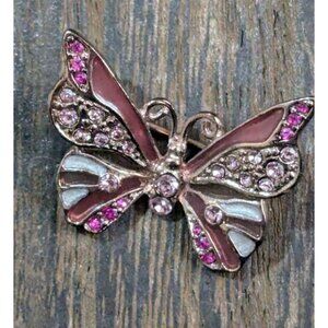 Vintage Enamel Butterfly Brooch With Pink & Clear Rhinestones Estate 1.25"